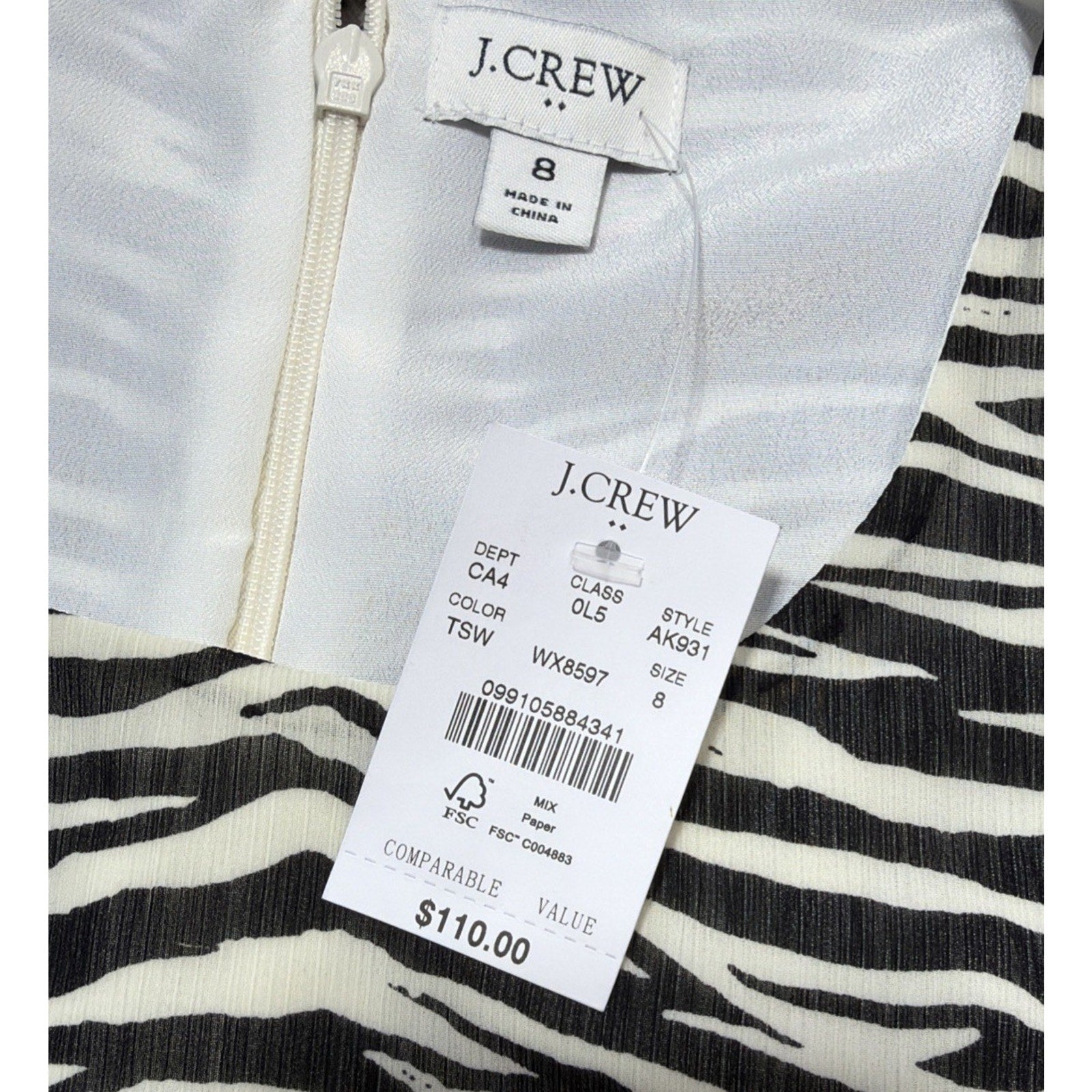 J.Crew Zebra Print Midi Dress Womens 8 Tiered Sleeveless Fit & Flare NWT $110