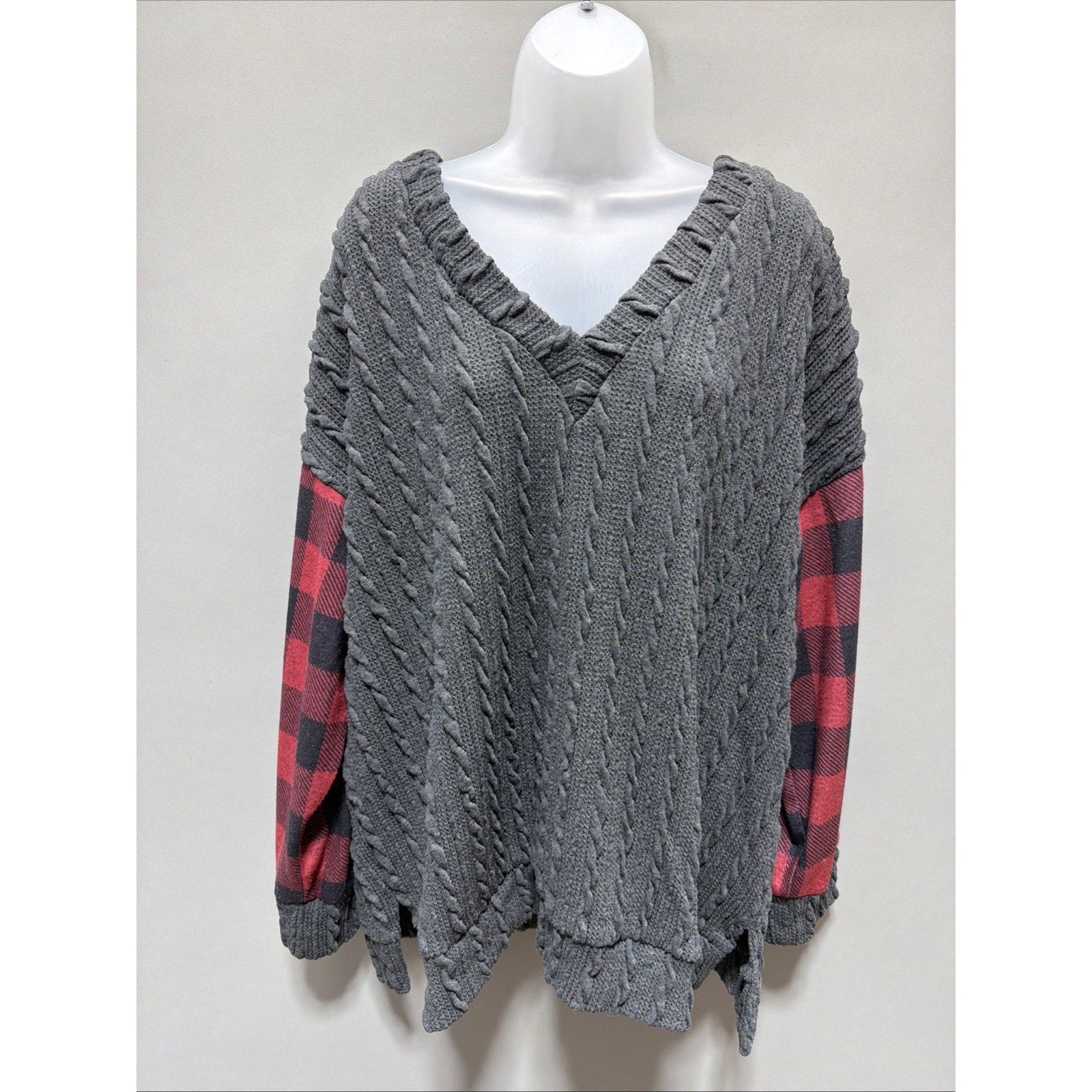 Luukse Women's Gray Plaid Sleeve Knit Casual Sweater Cabincore Cozy Casual 2X