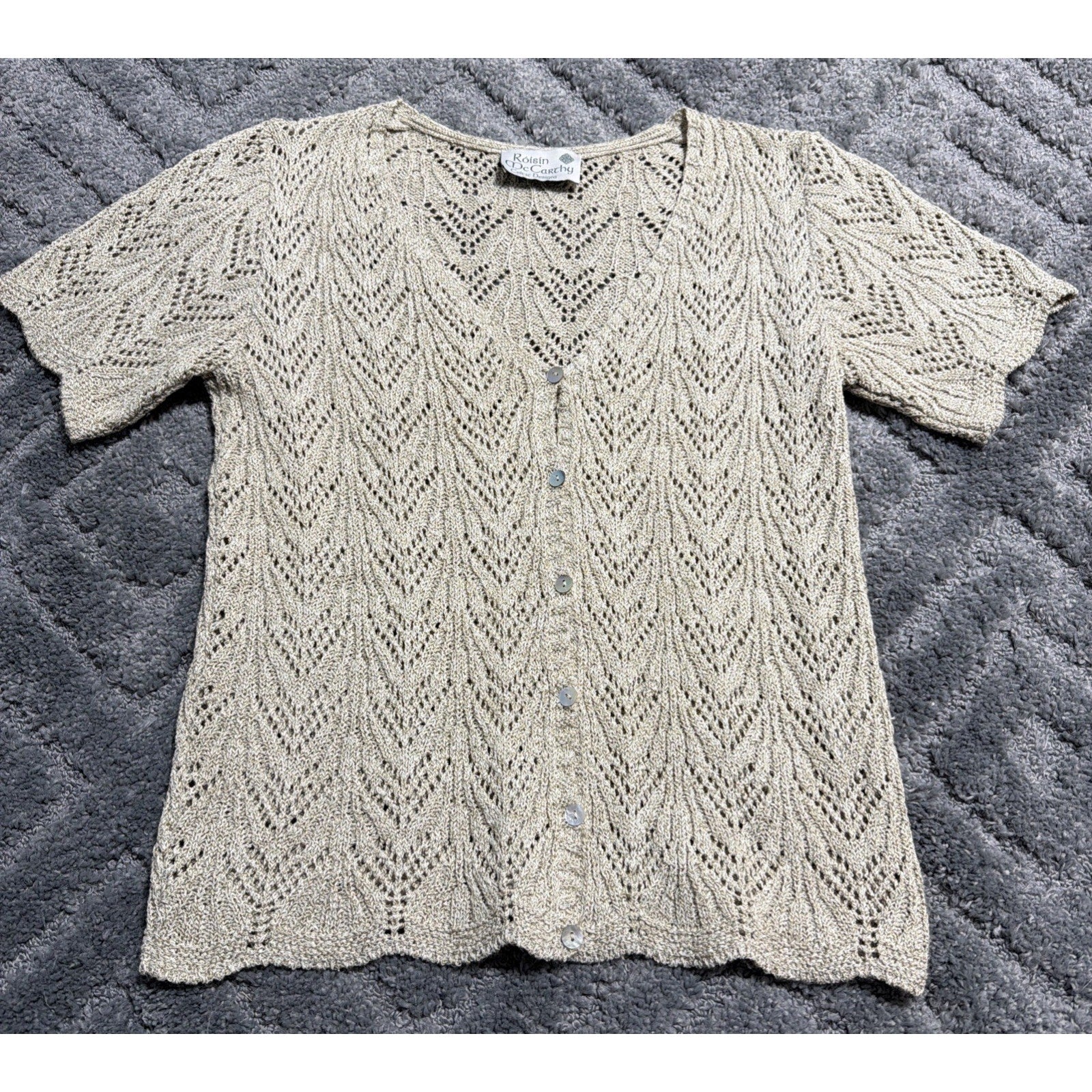 Roisin McCarthy Celtic Designs Knit Cardigan Sweater Mother of Pearl Buttons M