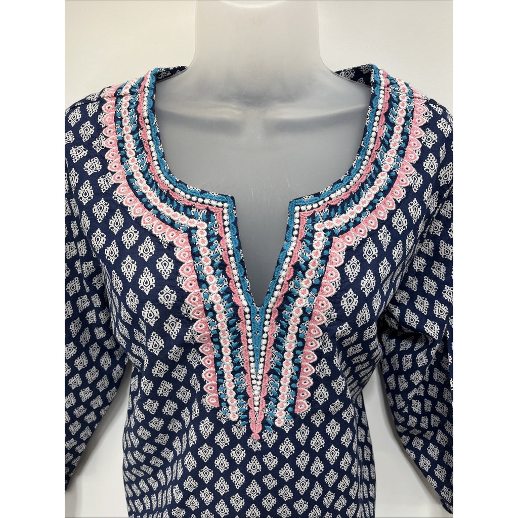 Talbots Top Womens M Blue Embroidered 3/4 Sleeves Relaxed Fit Cotton Boho Shirt
