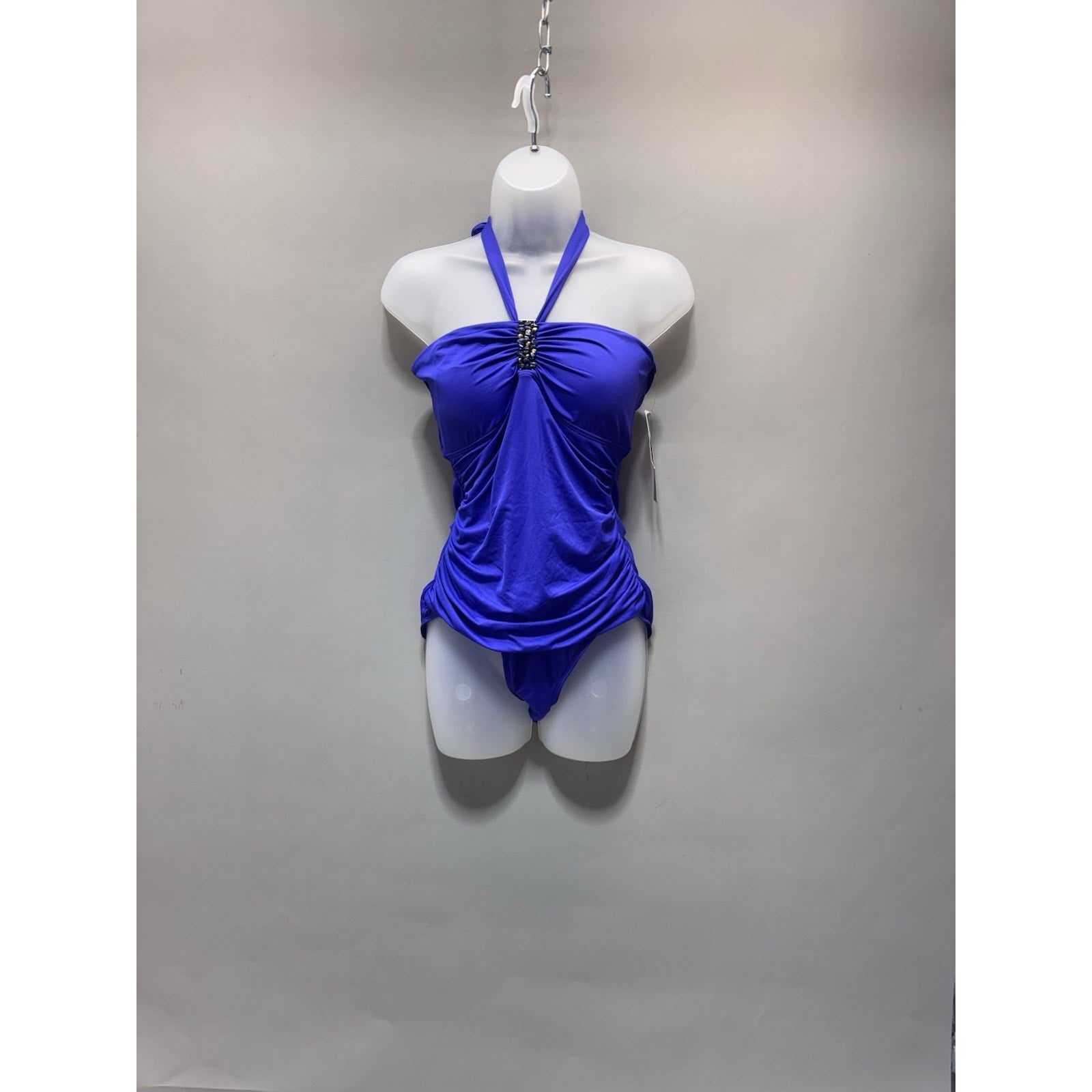Lauren Ralph Lauren One Piece Swimsuit Women 14 Blue Halter Ruched Beaded New