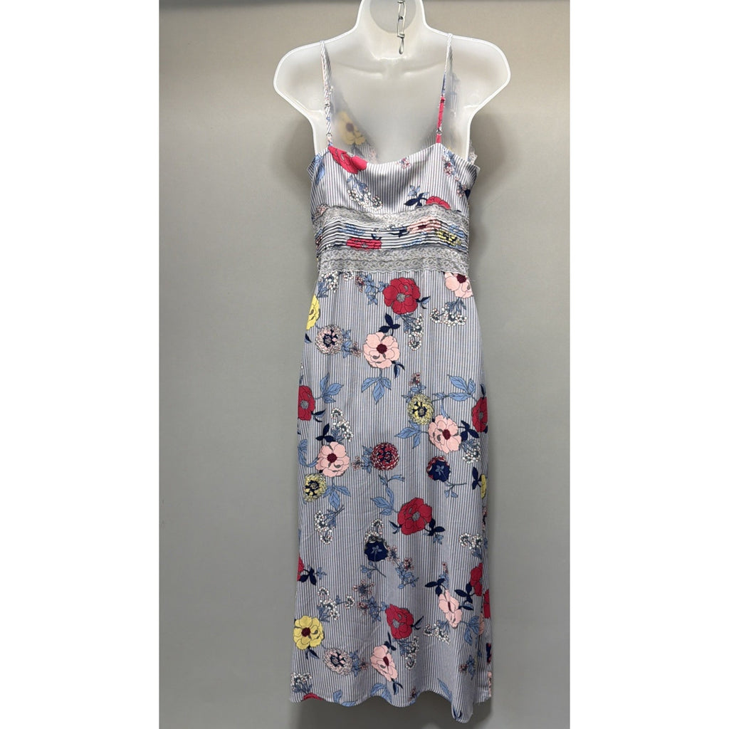NWT En Creme Floral Striped Lace Maxi Dress M Empire Waist Spaghetti Straps