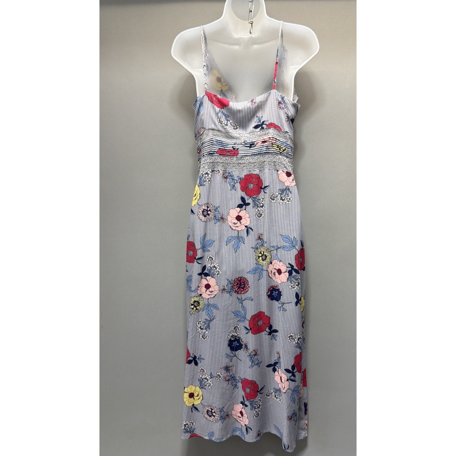 NWT En Creme Floral Striped Lace Maxi Dress M Empire Waist Spaghetti Straps
