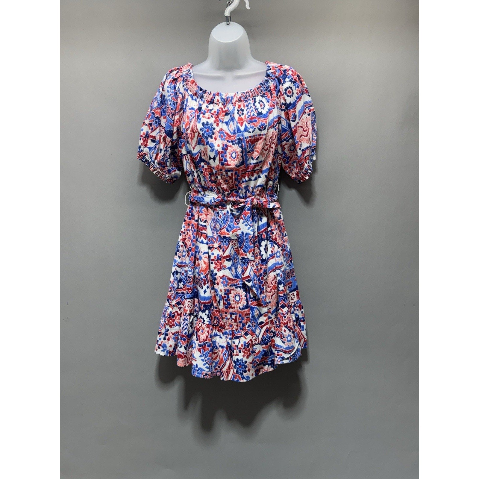 LOFT Floral Smocked Waist Dress L Puff Sleeve Tie Belt Boho Mini Cottagecore NWT