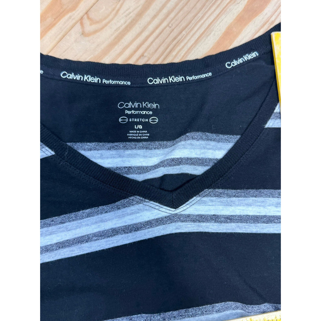 Calvin Klein Performance Long Sleeve Black Gray White Striped V-Neck Tee Size L