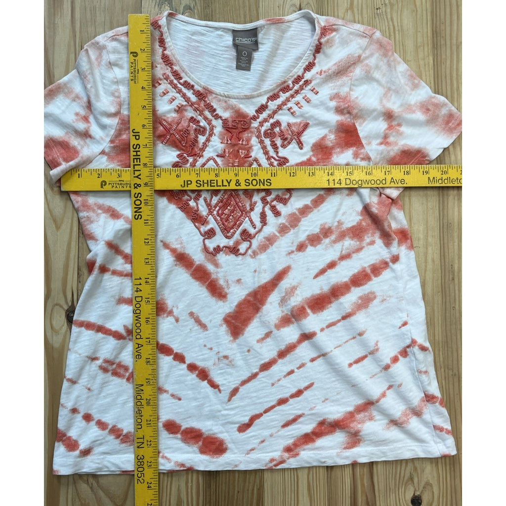 Chicos womens Top Size 0 Small Peach print T-shirt Embroidered