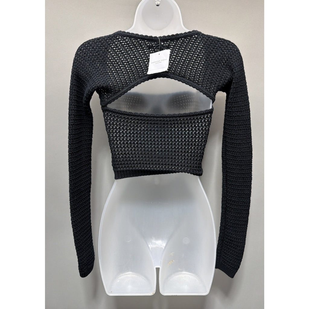 American Eagle Sweater Womens XS Black Crop Crochet Cotton Long Sleeve New