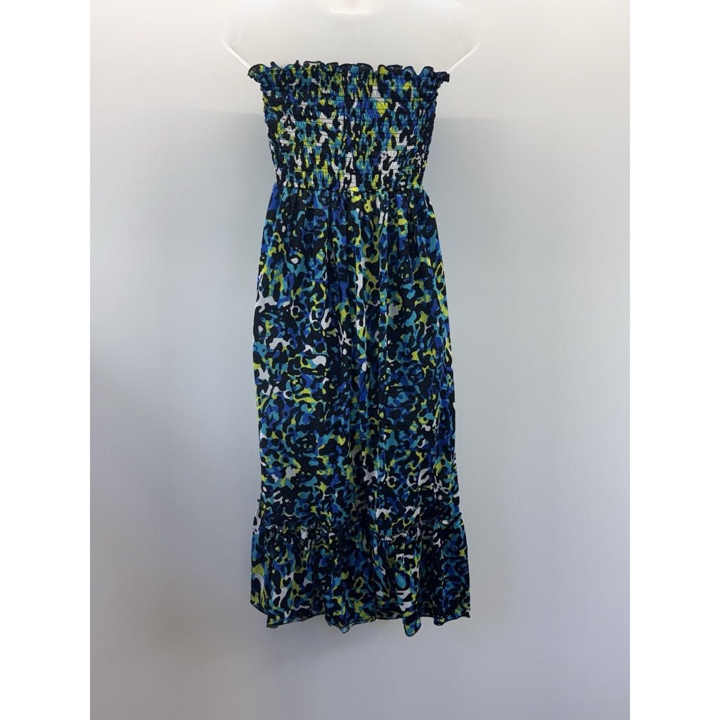 CATALINA Blue,Black & Yellow Animal Print Smocked Knit Maxi Dress Women’s Small