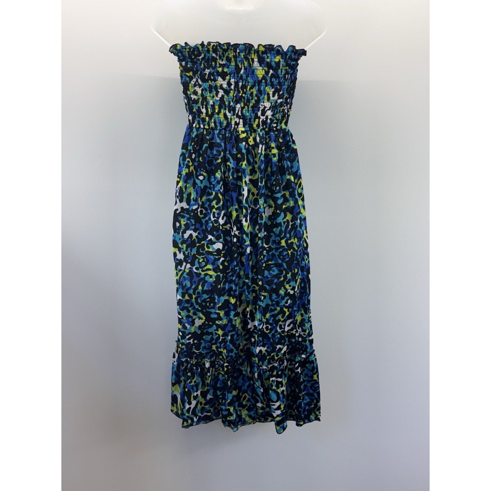CATALINA Blue,Black & Yellow Animal Print Smocked Knit Maxi Dress Women’s Small