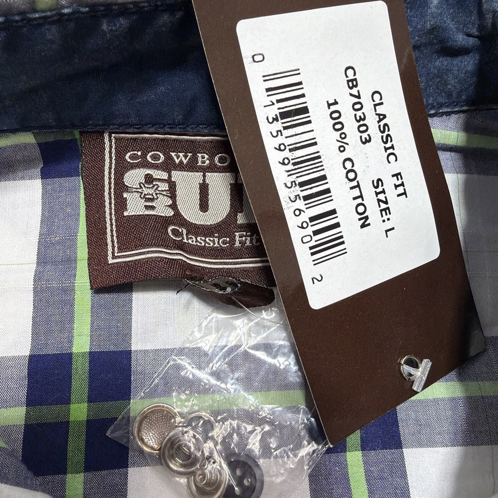 Men's NEW COWBOY UP Size Large Green/White/Blue Classic Fit Pearl Snap LS Shirt