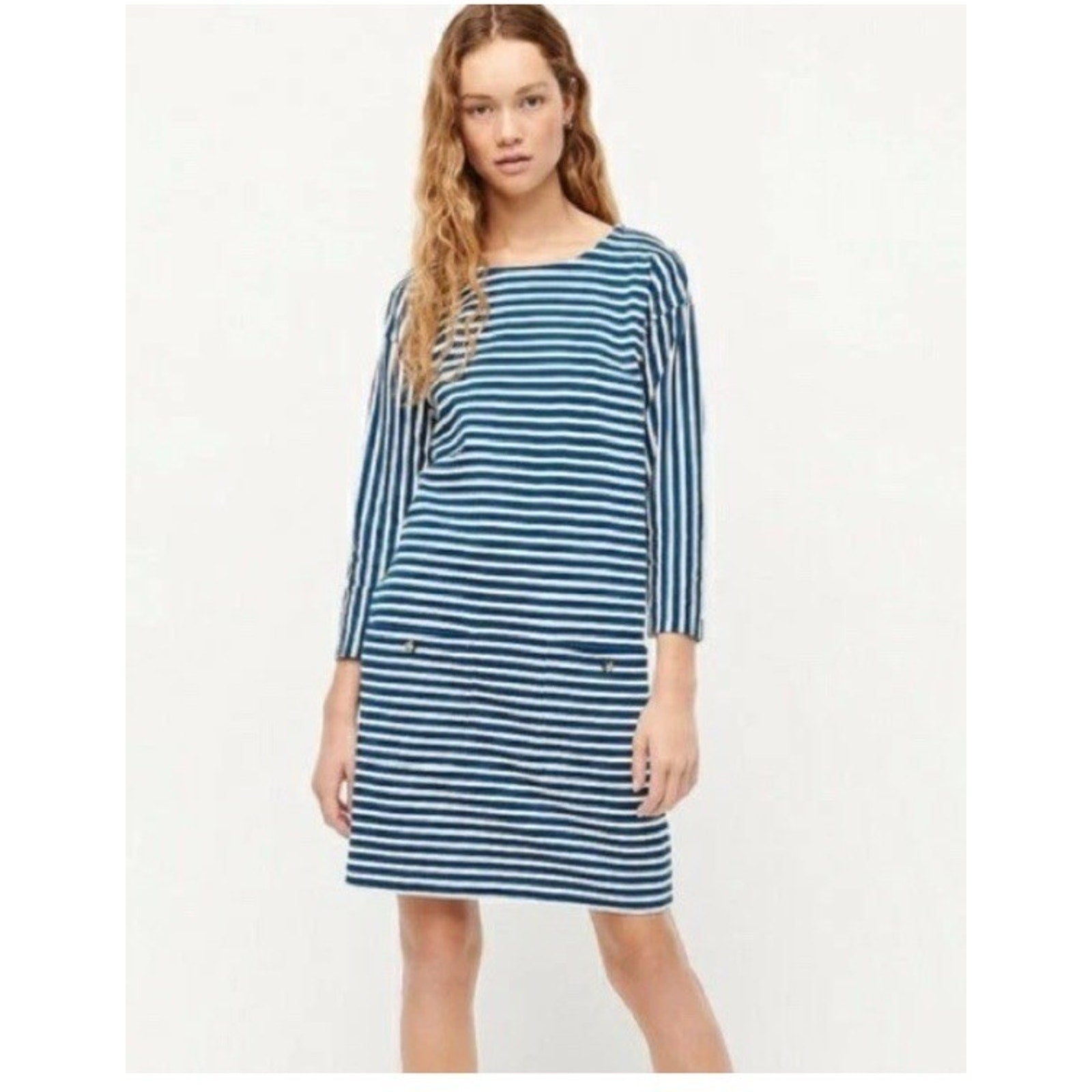 J.Crew Blue Knit Front Pocket Shift Dress In Stripe Size Medium