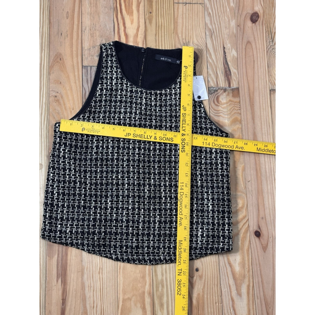 Ark & Co. women Crop Tweed Tank Black Gold Lined Small Keyhole Back Button NWT