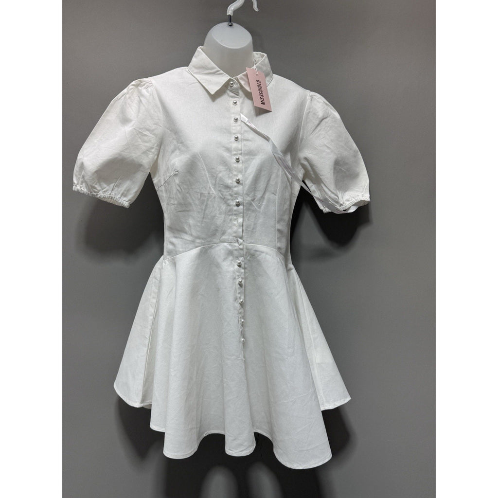 Missguided Women's Sz 4 L. Sleeve Skater Skirt White Pearl Button Up Mini Dress