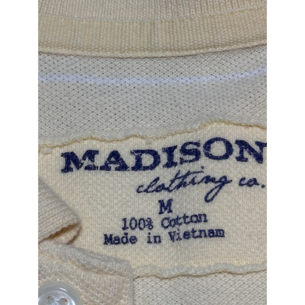 Madison Clothing Co Polo Shirt Mens M Cream Striped 100% Cotton Short Sleeve
