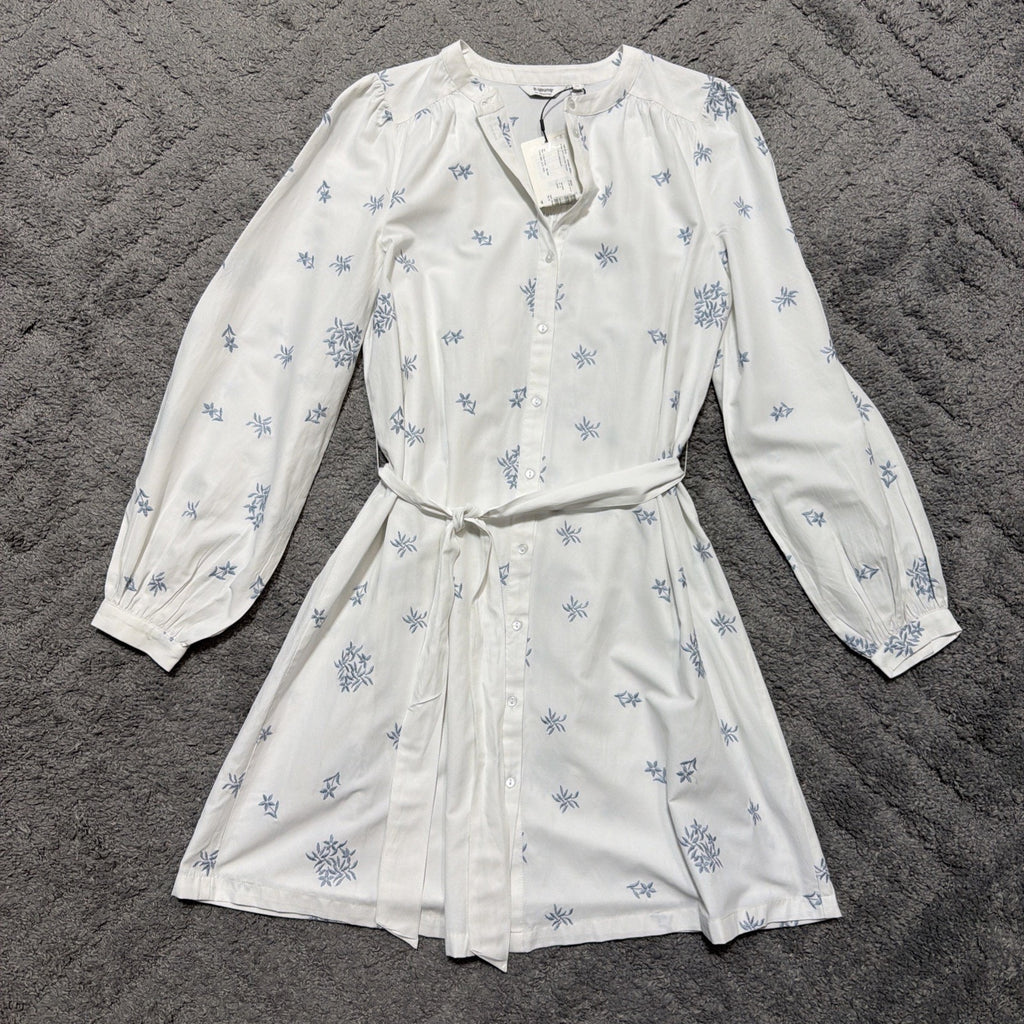 B.Young White Embroidered Floral Tie Waist Shirt Dress Size 36 NWT