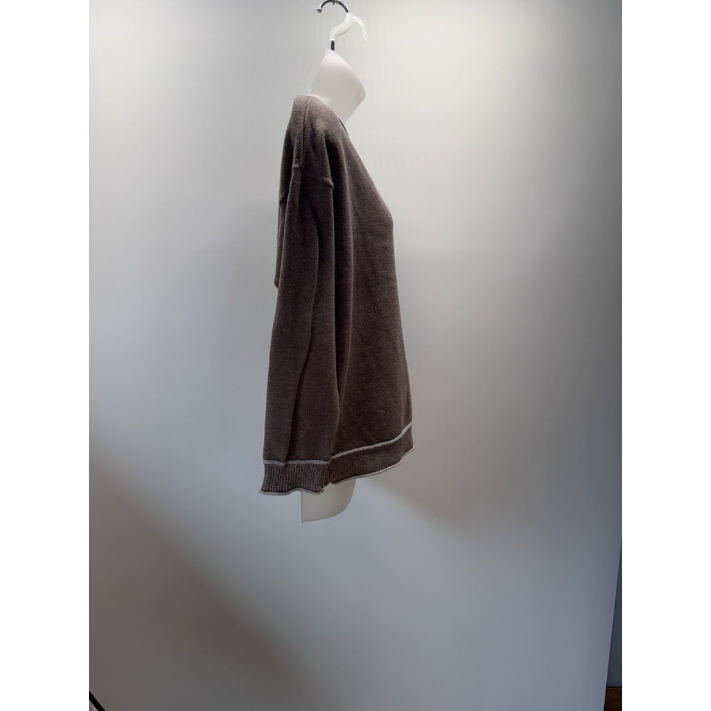Chico's Womens 2 (12) Long Sleeve Stretch Knit Sweater Taupe Tan Cable Knit Hem