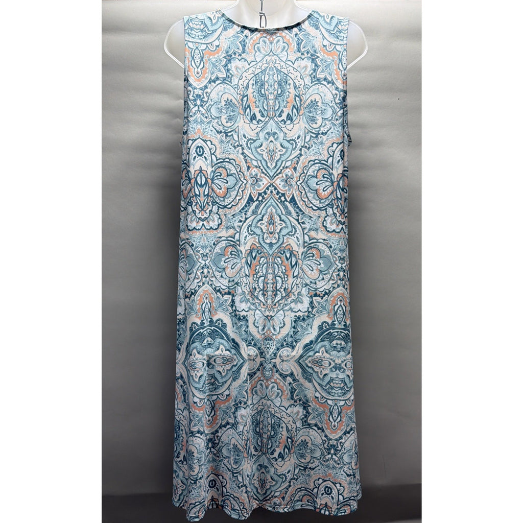 Chico’s Size 2 Blue Paisley Sleeveless Swing Dress Stretch A-Line L 12 EUC