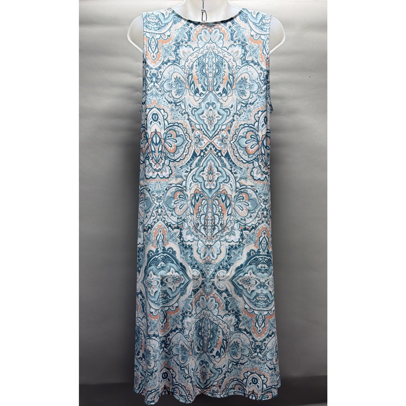 Chico’s Size 2 Blue Paisley Sleeveless Swing Dress Stretch A-Line L 12 EUC
