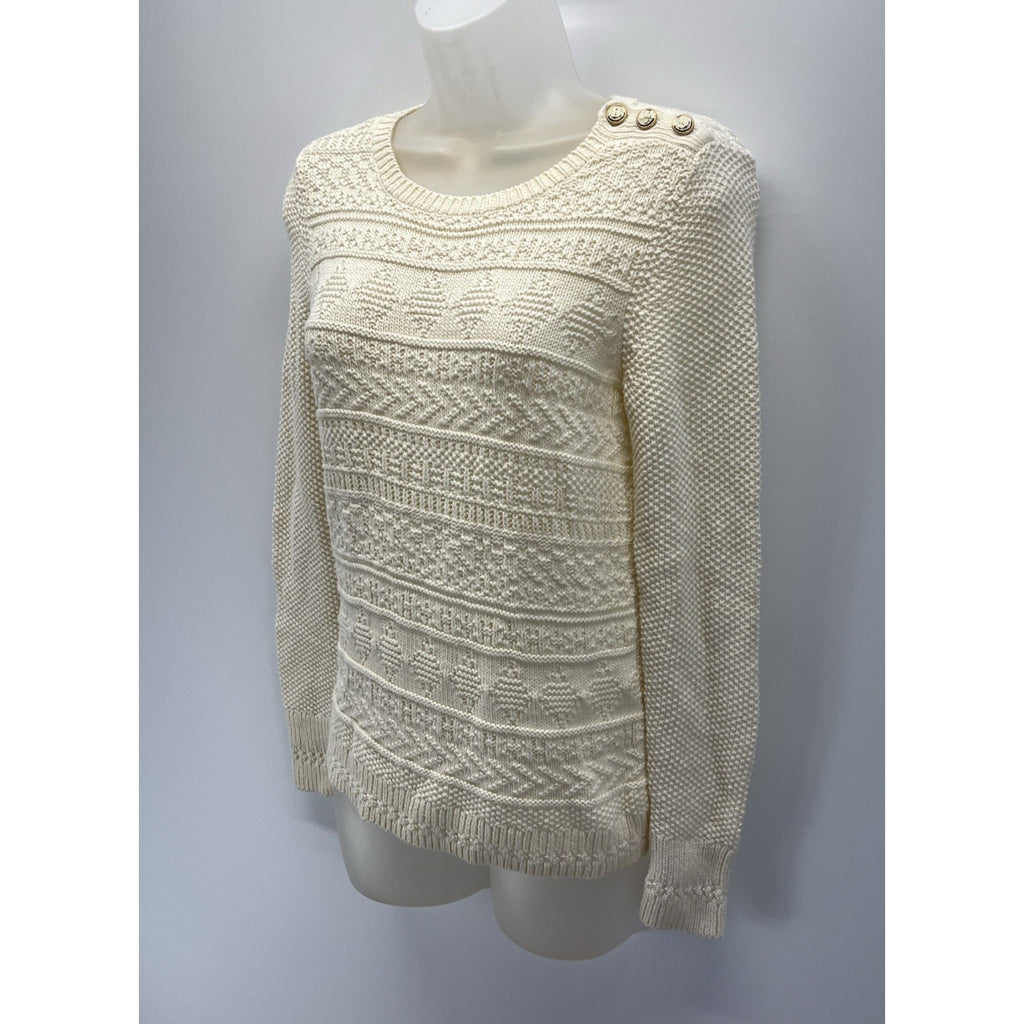 Talbots Womens Cream Textured Nautical Sweater Size XS Anchor Shoulder Buttons