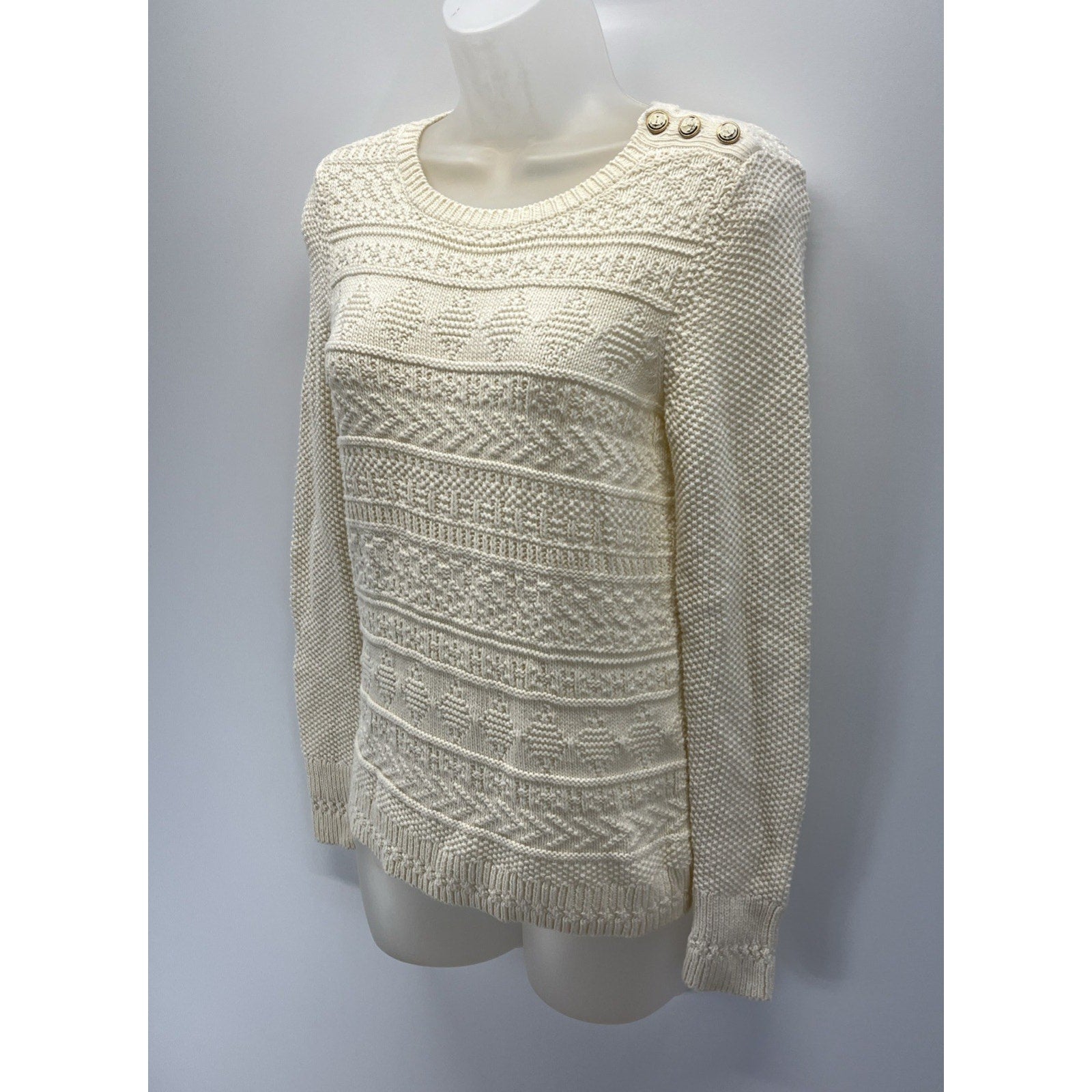 Talbots Womens Cream Textured Nautical Sweater Size XS Anchor Shoulder Buttons
