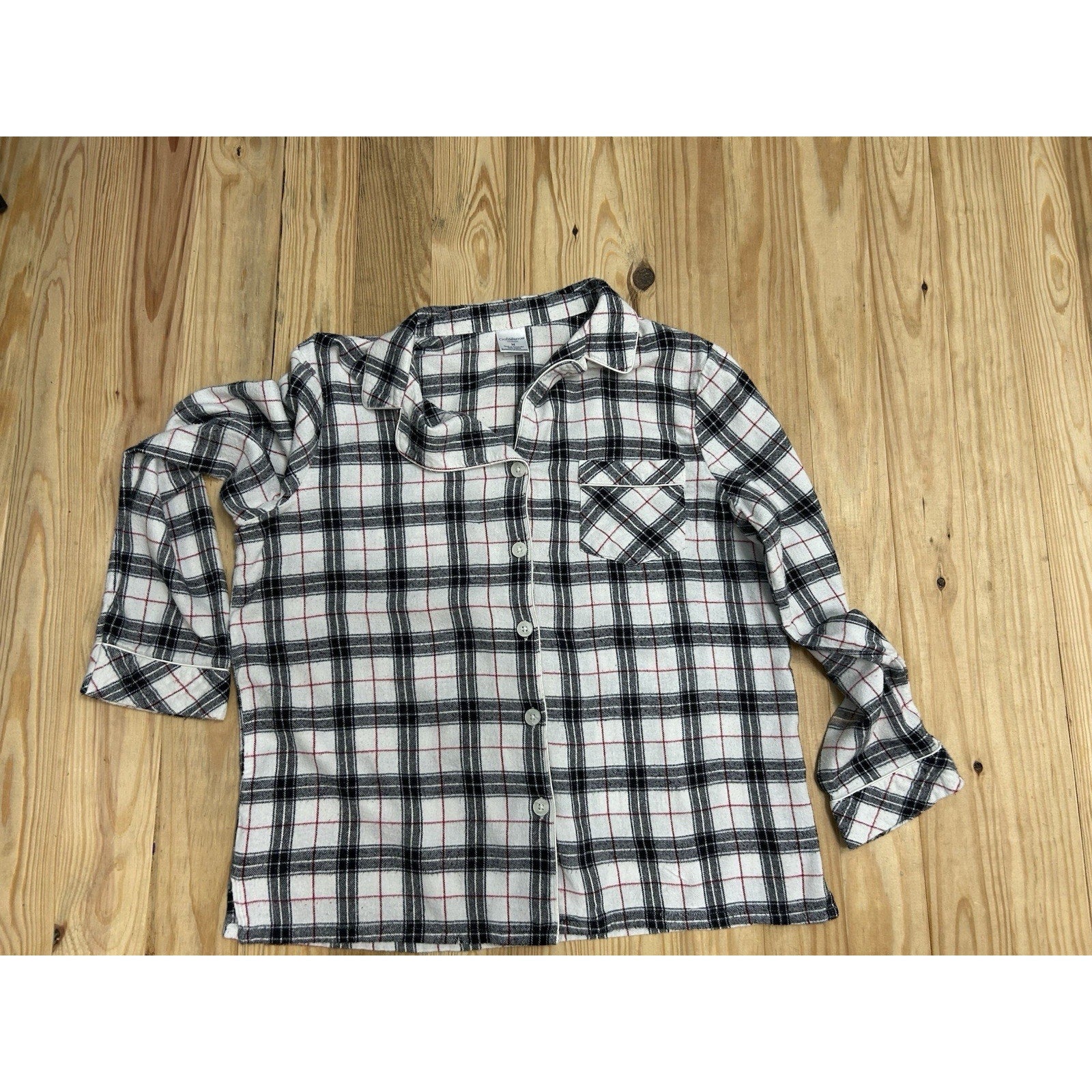 Croft & Barrow Women's Long Sleeve Plaid Shirt Gray White Size Medium M Top