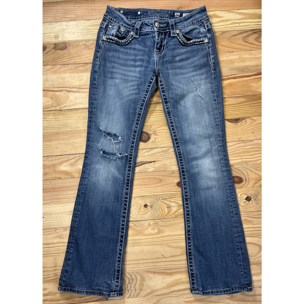 Miss Me Jeans 26 Women's Signature Bootcut Low Rise Distressed Medium Wash