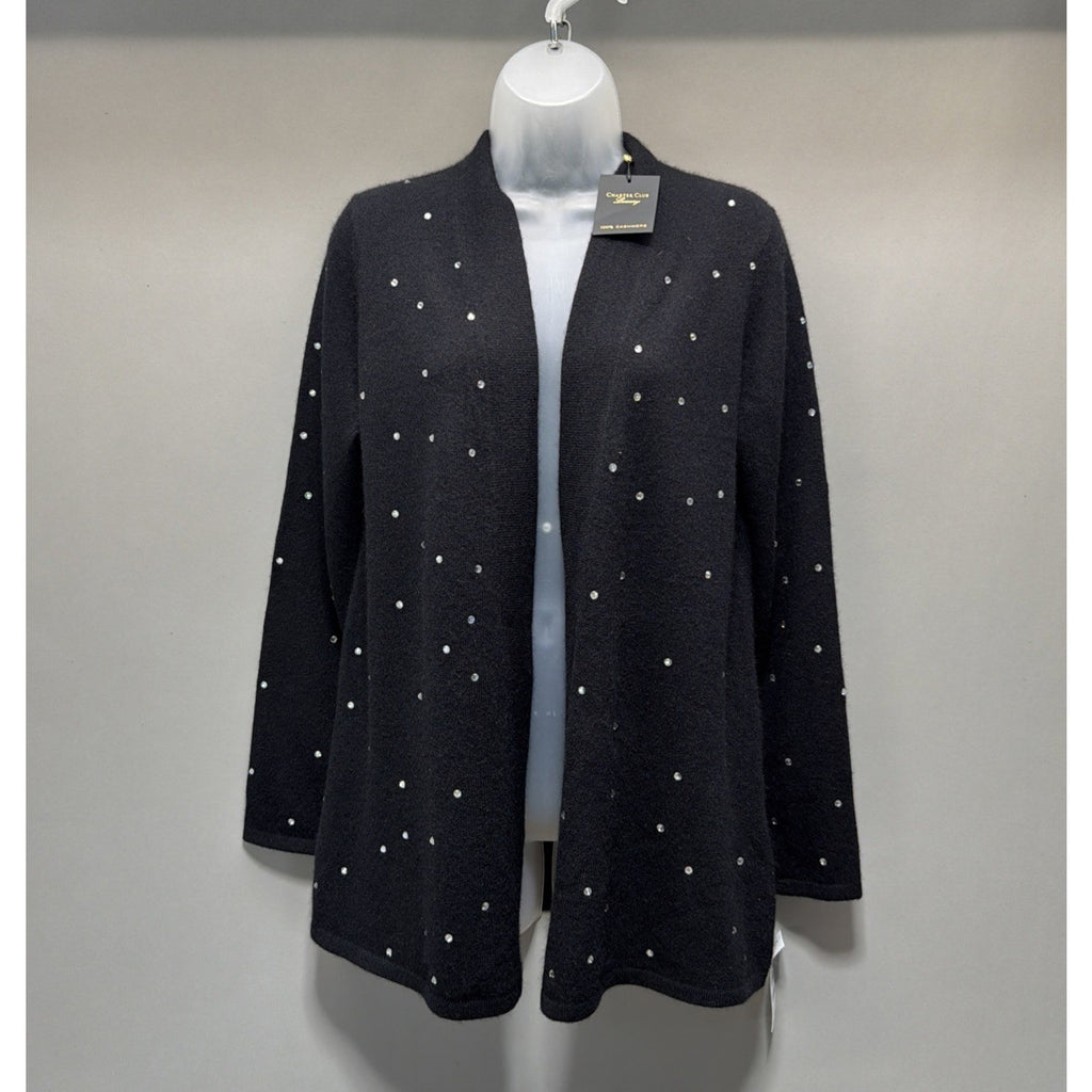 NWT Charter Club Luxury 100% Cashmere Black Rhinestone Open Front Cardigan PM