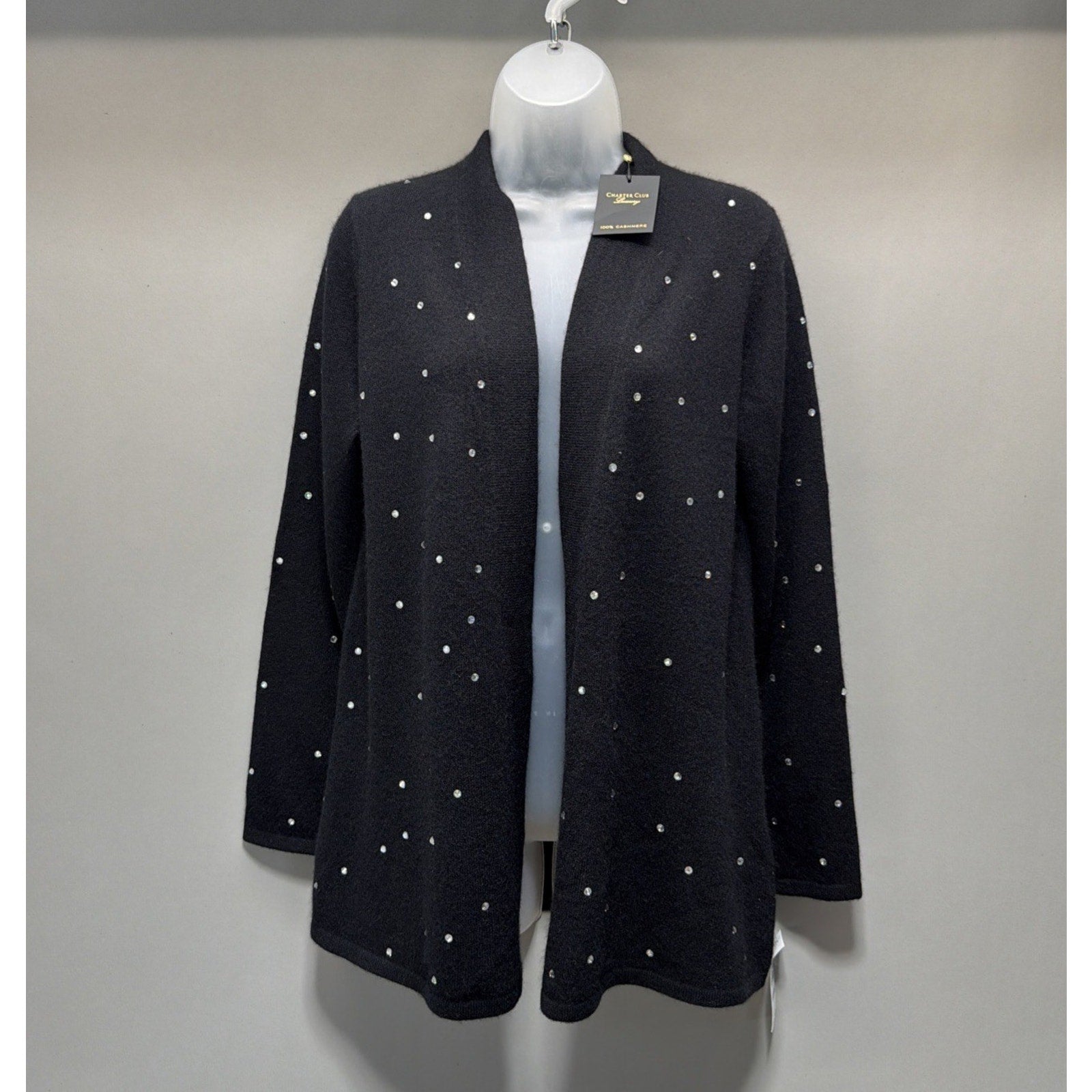 NWT Charter Club Luxury 100% Cashmere Black Rhinestone Open Front Cardigan PM