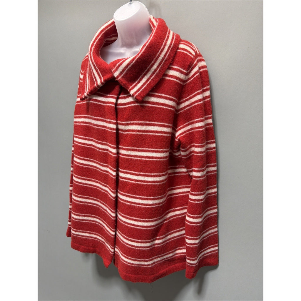 Lands’ End Womens XL 18 Red White Striped Lambswool Sweater Jacket Button Front