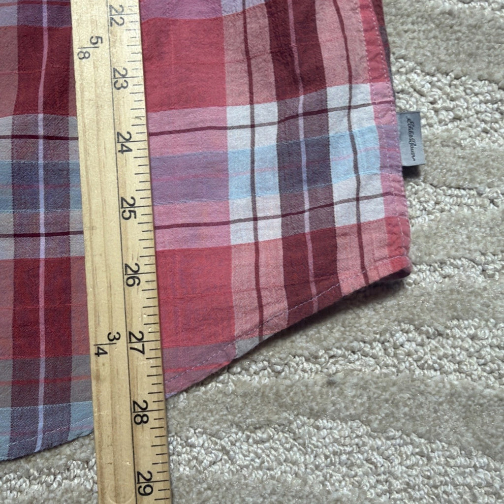 Eddie Bauer Shirt Women L Pink Plaid Button Up Collared Short Sleeve Stretch