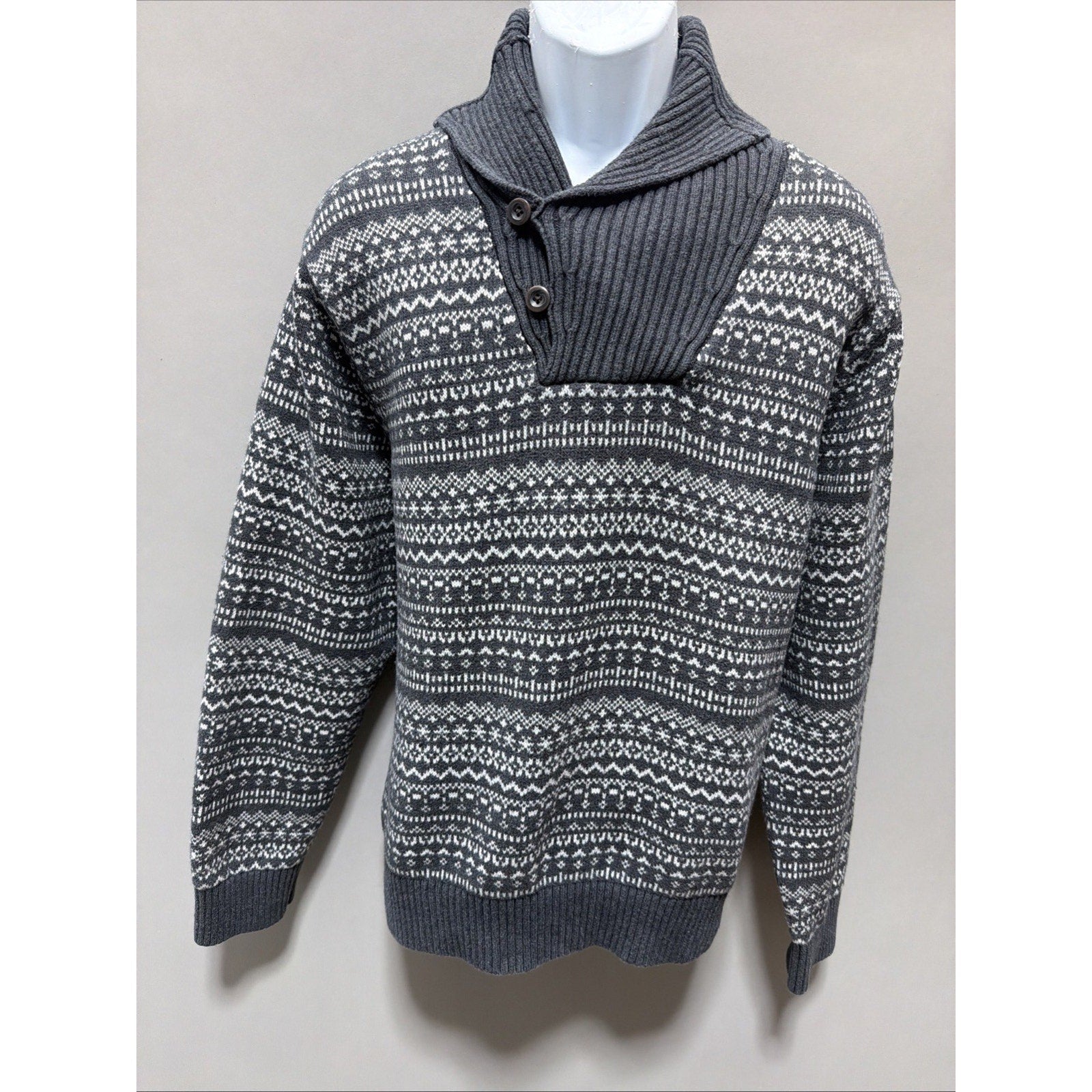 Izod Fair Isle Sweater Mens XXL Gray Wool Blend 1/4 Button Pullover Thick Knit