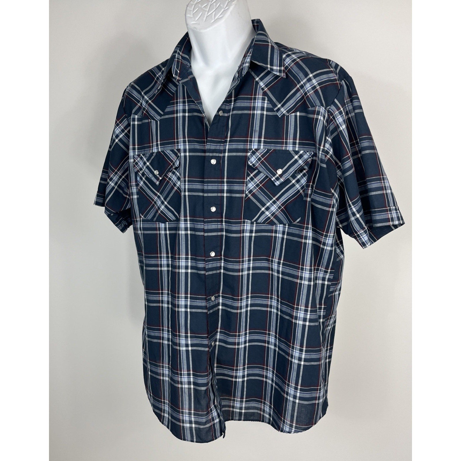 Plaid Western Shirt Short Sleeve Ely Cattleman Pearl Snap Blue Red Shirt Sz L