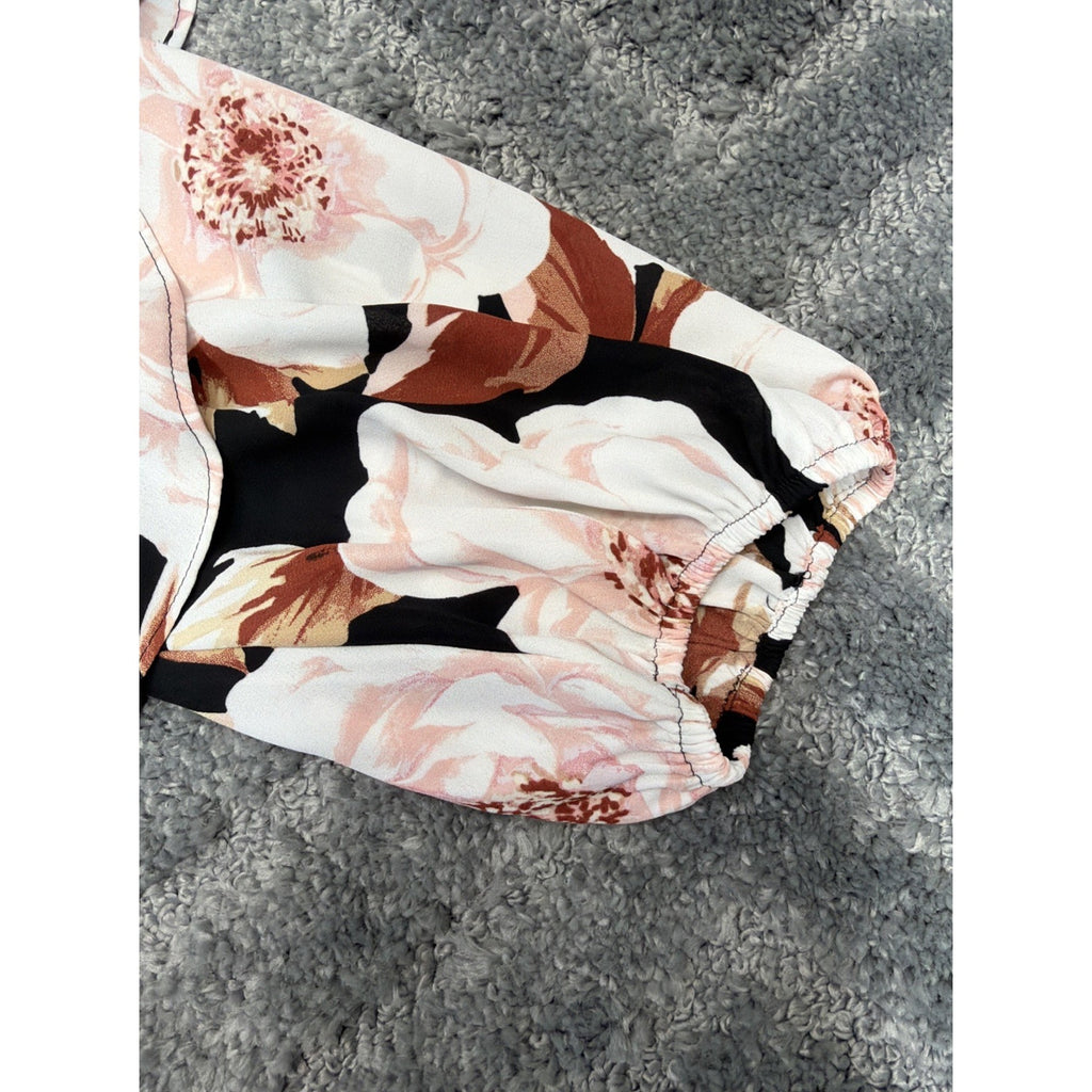 Express blouse top womens S Tie Waist Faux Wrap balloon sleeve brown floral