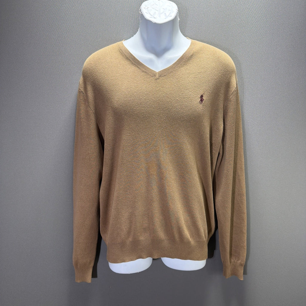 Polo Ralph Lauren Tan Pima Cotton Long Sleeve Sweater Burgundy Pony Size Medium