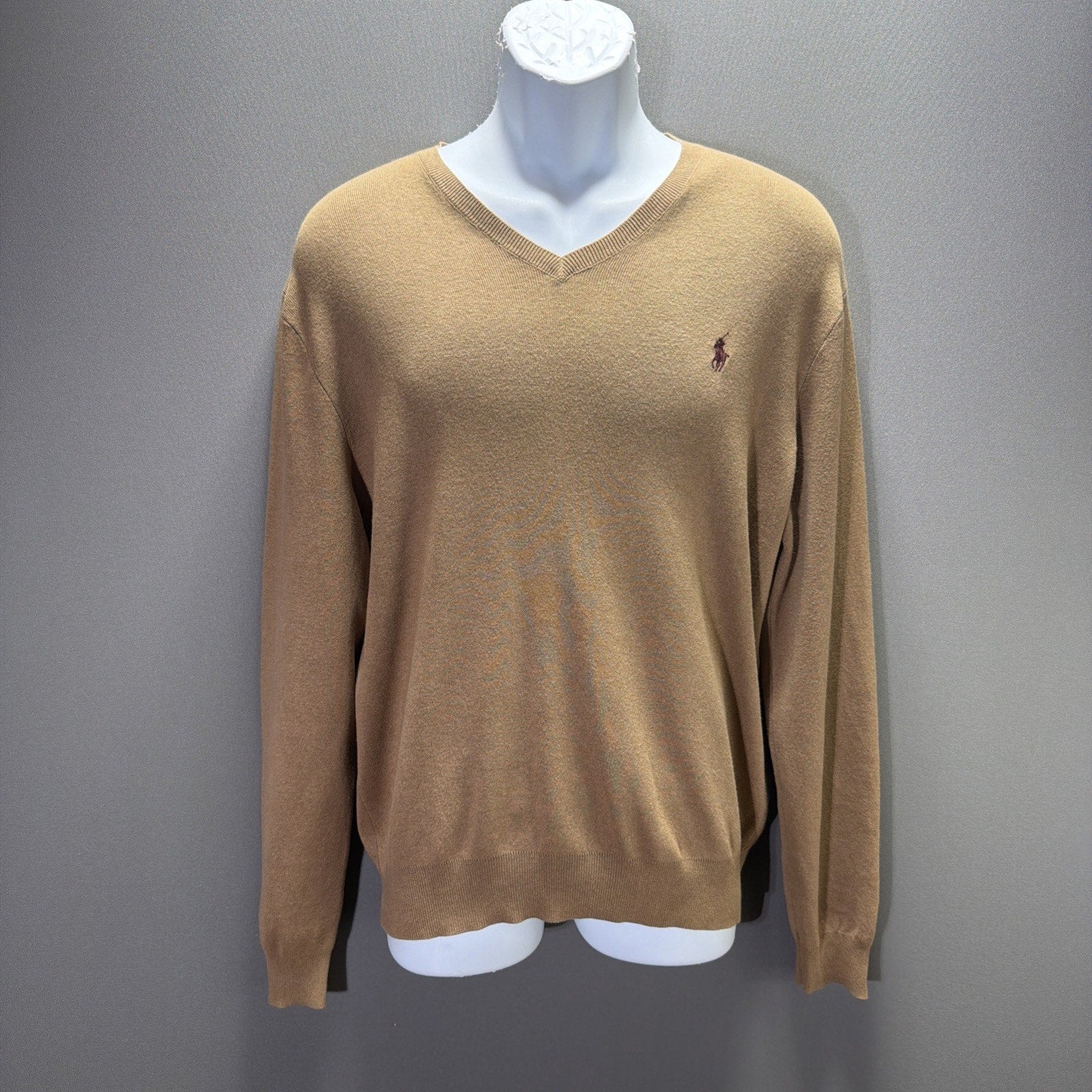Polo Ralph Lauren Tan Pima Cotton Long Sleeve Sweater Burgundy Pony Size Medium