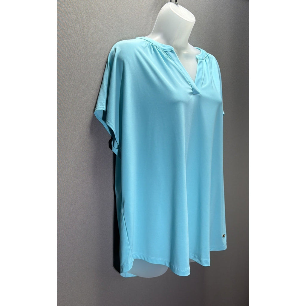 Jones New York Women Top Plus Size 1X Aqua Short Sleeve V Neck Blouse NWT