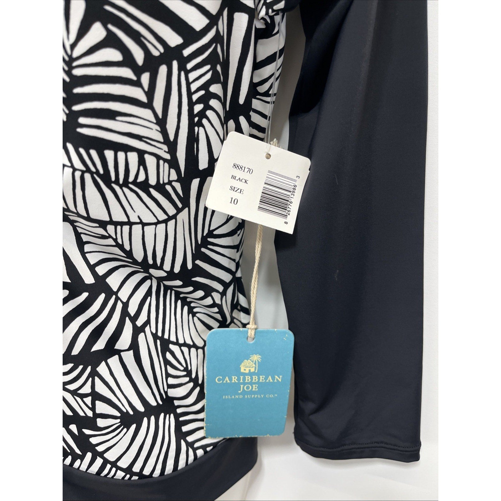 NWT Caribbean Joe Swimsuit Rash Guard Long Sleeve Top Sz 10 Black Zipper