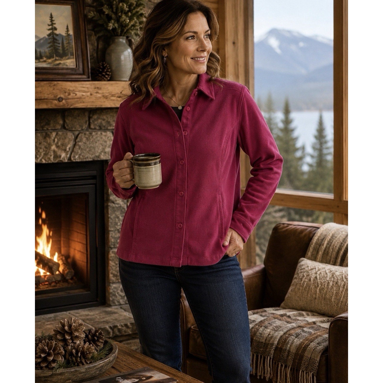 Vtg Womens XL Eddie Bauer Magenta Long Sleeve Soft Micro Fleece Western Shirt
