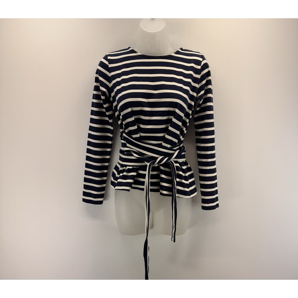 J Crew Striped Belted Cross Back Top Navy Ivory Women’s Size XXS