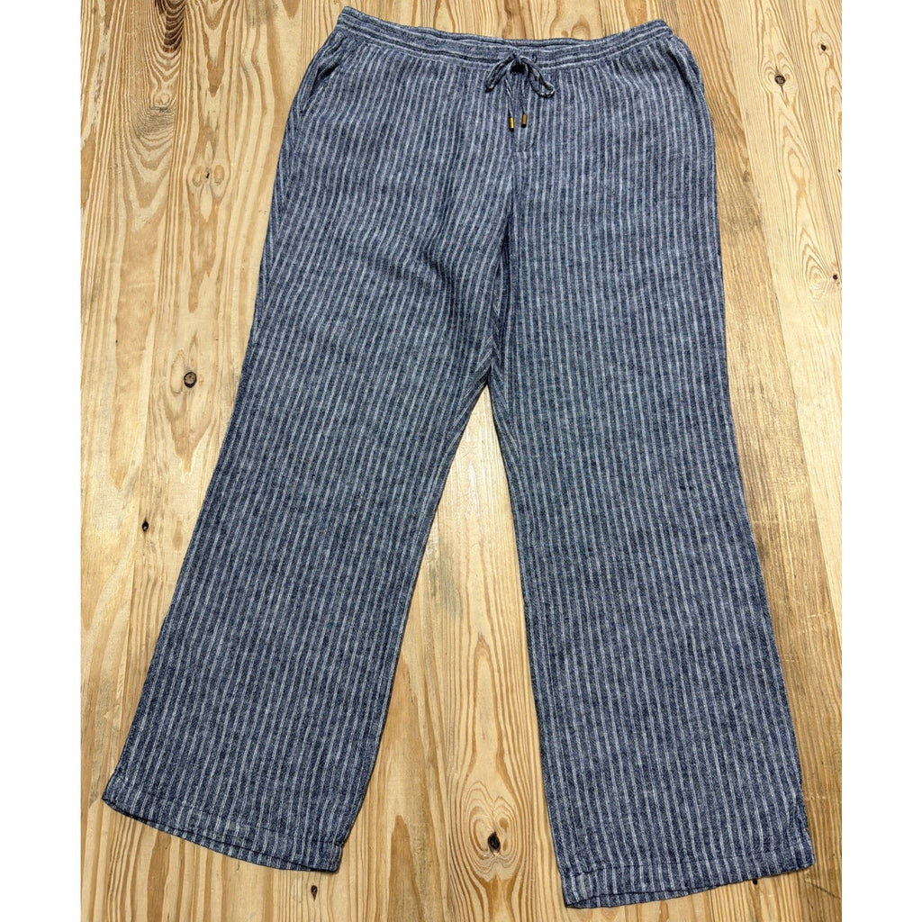 Ellen Tracy Striped Pull-On Linen Blend Wide Leg Pant in Blue/White - Size Large