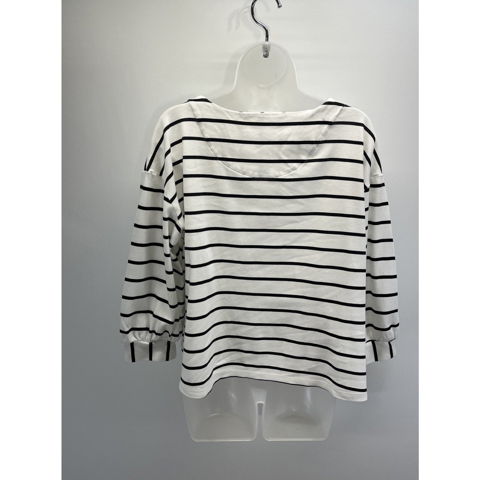 Croft & Barrow Womens White Black Striped Split Neck Cropped Blouse Top Size L
