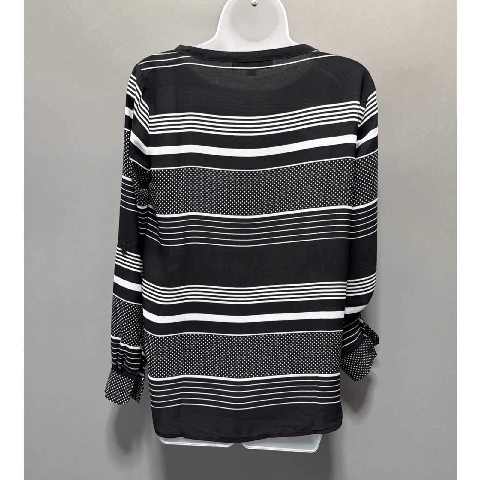 Ann Taylor LOFT Blouse Top Size XS Black White Striped Long Adj. Tab Sleeves
