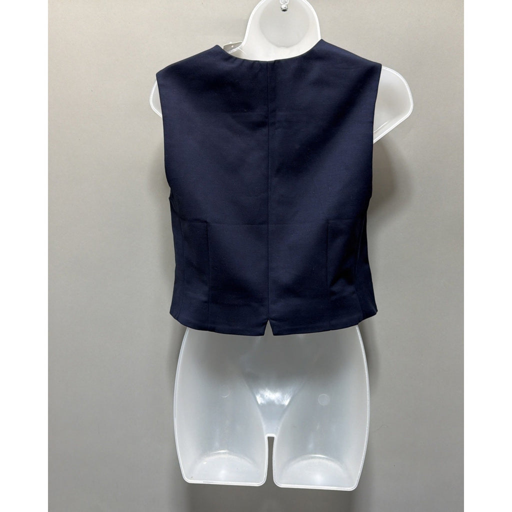 New Ann Taylor Loft Womens 4 Crop Vest Lined V Neck Pockets Stretch Navy Blue
