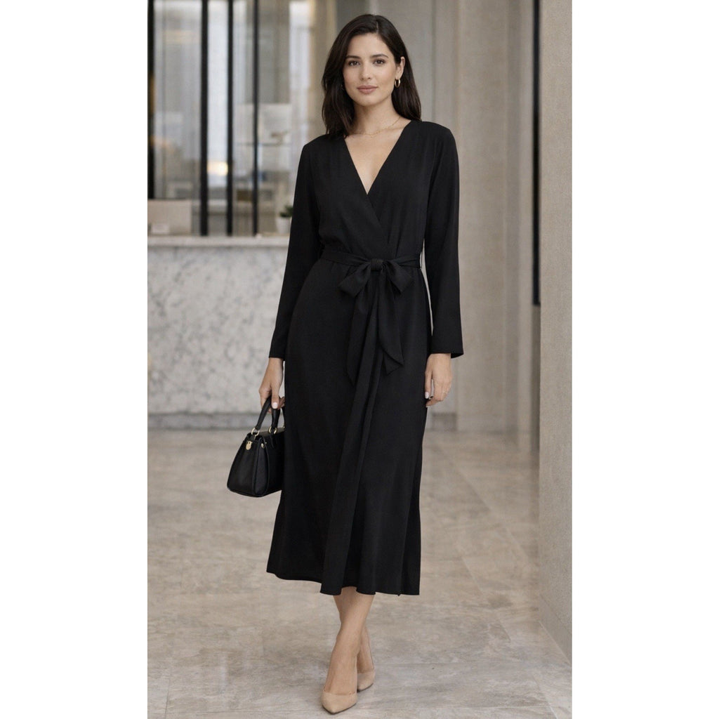 Jenni Kayne Black Wrap Midi Dress XS NWT Long Sleeve Tie Waist Minimalist Luxury