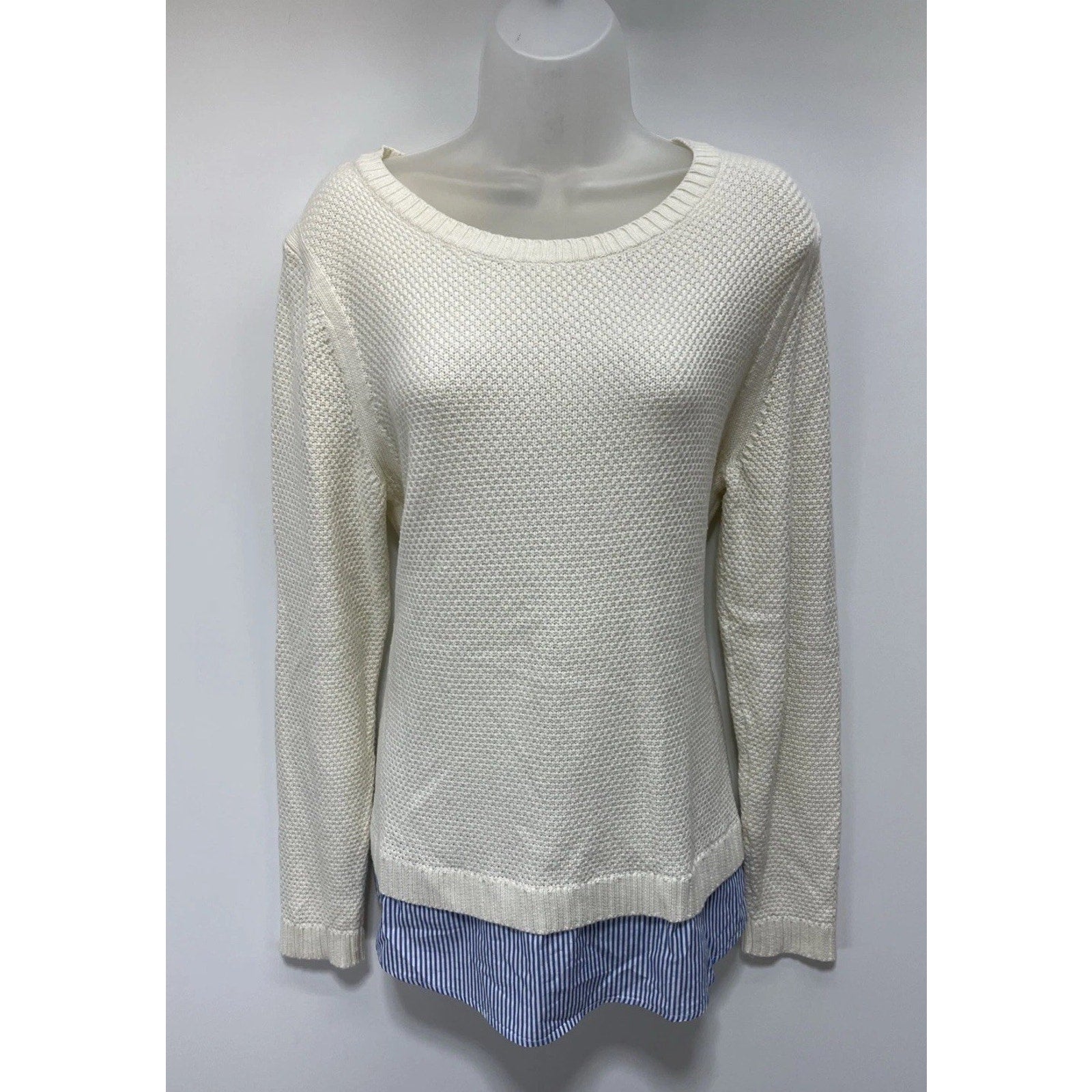 Talbots Sz L Layered Look Ivory Knit 2 in 1 Sweater with Blue Faux Shirt Tails