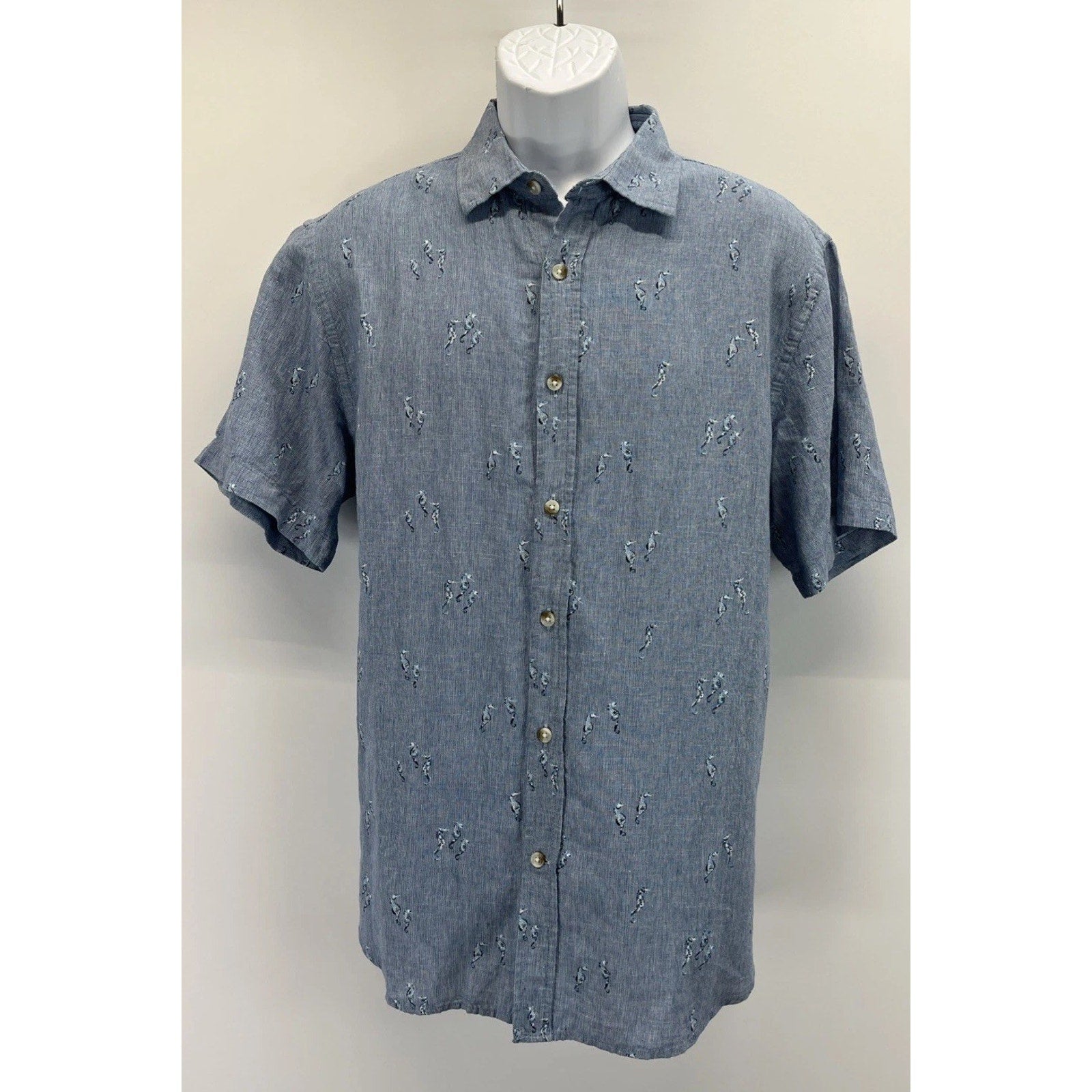 Banana Republic Shirt Mens L Linen Embroidered Seahorses Print Slim Fit