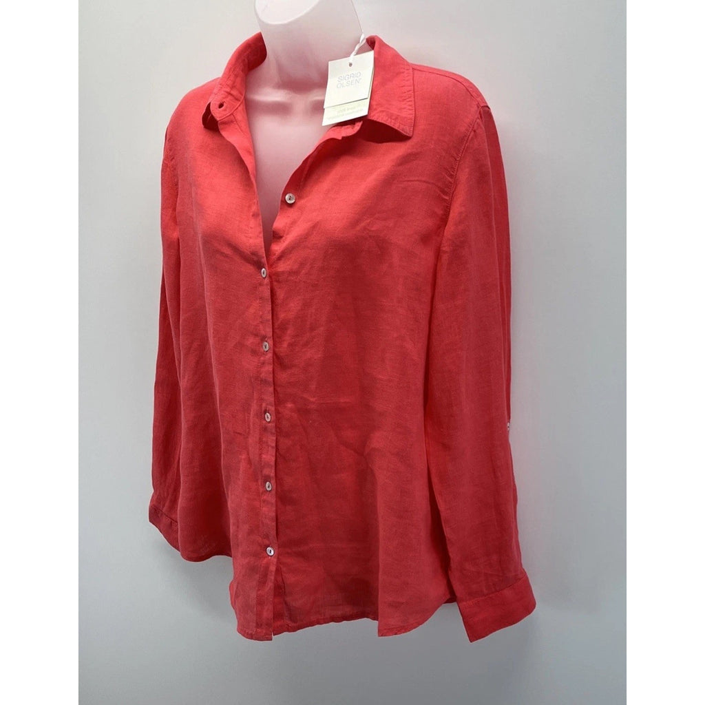 NWT Sigrid Olsen Women's Red Linen Button-Down Shirt - Size M