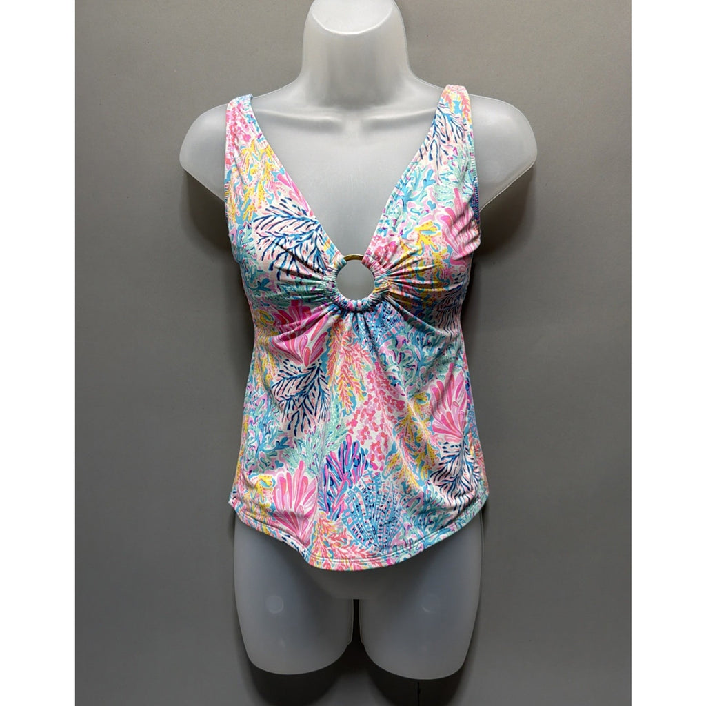 Lilly Pulitzer Tankini Top Womens 2 Pastel Coral Reef Print O Ring Swim Tank