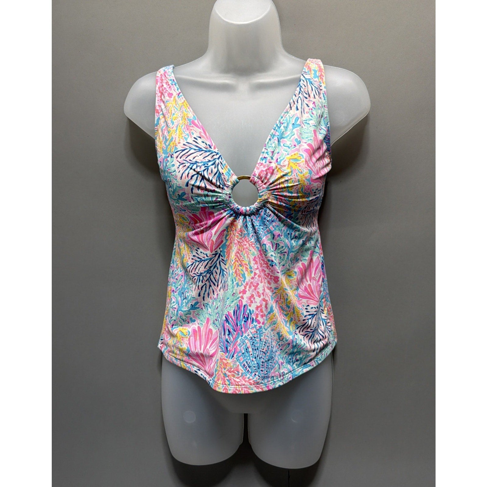Lilly Pulitzer Tankini Top Womens 2 Pastel Coral Reef Print O Ring Swim Tank