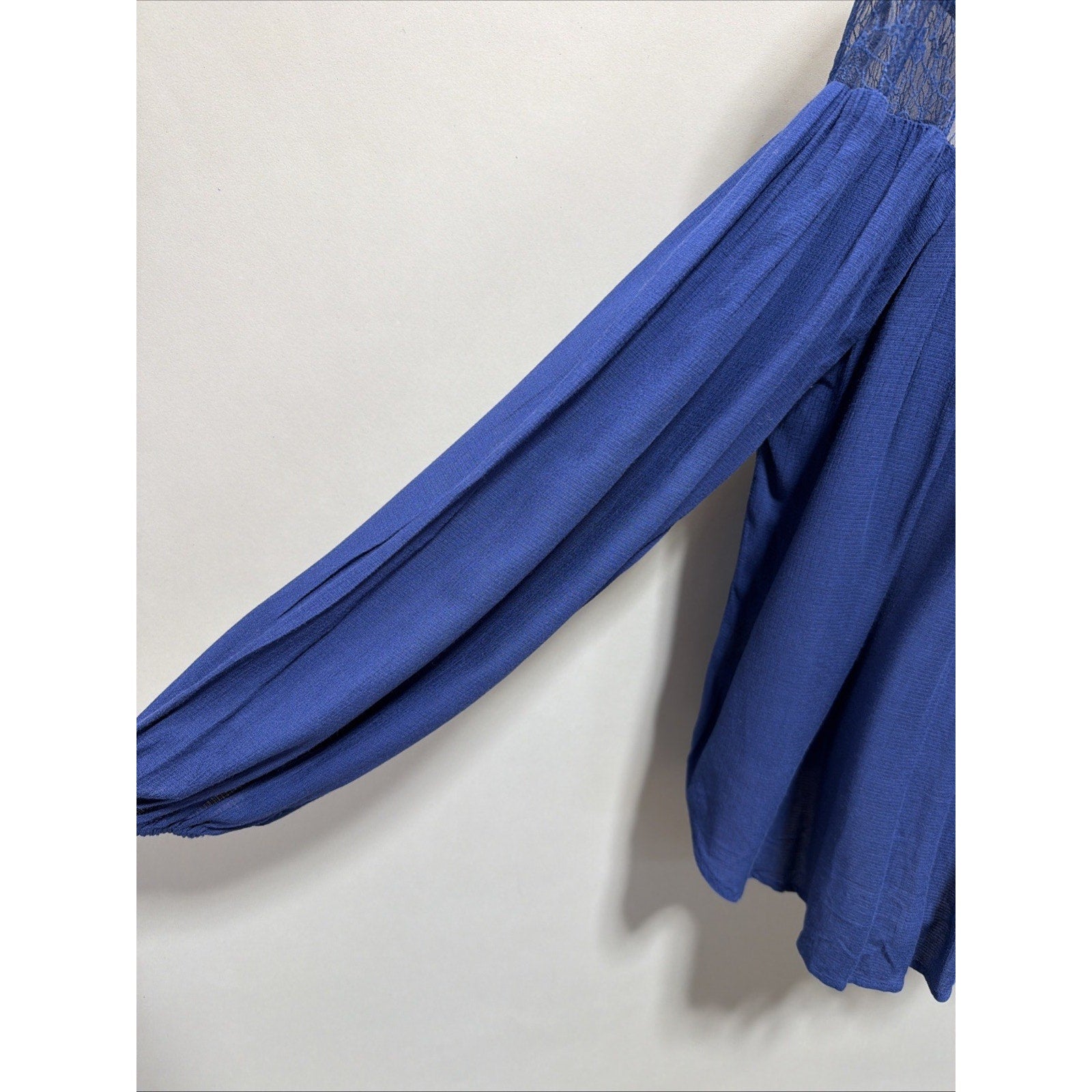 Entro Oversized Balloon Sleeve Blue Boho Lace Back Shirt Top Blouse Large
